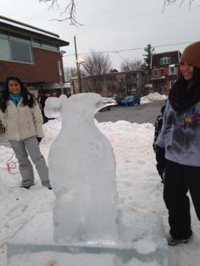 Claudia Salguero's (left) penguin graces the pathway to fun